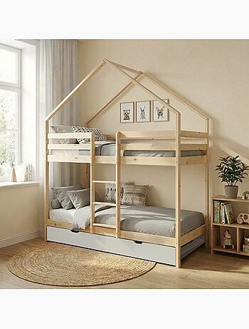 Lit enfant superposé cabane 90 x 190 cm pin naturel avec lit tiroir roya