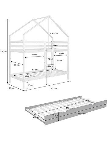 Lit enfant superposé cabane 90 x 190 cm pin naturel avec lit tiroir roya