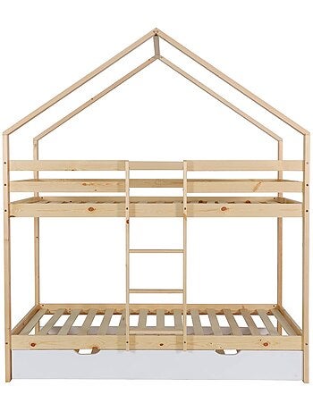 Lit enfant superposé cabane 90 x 190 cm pin naturel avec lit tiroir roya