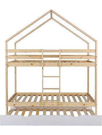 Lit enfant superposé cabane 90 x 190 cm pin naturel avec lit tiroir roya