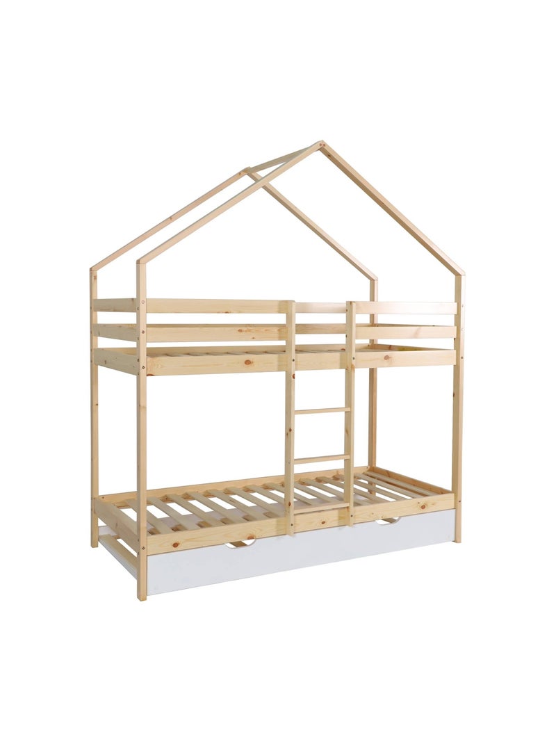 Lit enfant superposé cabane 90 x 190 cm pin naturel avec lit tiroir roya Blanc - Kiabi