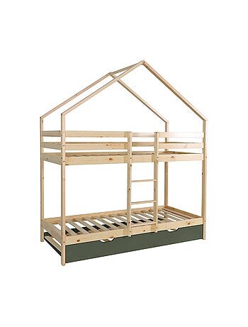 Lit enfant superposé cabane 90 x 190 cm pin naturel avec lit tiroir Roya