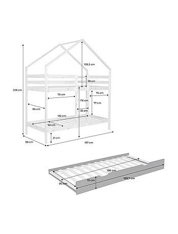 Lit enfant superposé cabane 90 x 190 cm pin naturel avec lit tiroir Roya