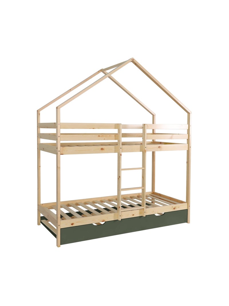 Lit enfant superposé cabane 90 x 190 cm pin naturel avec lit tiroir roya Vert - Kiabi