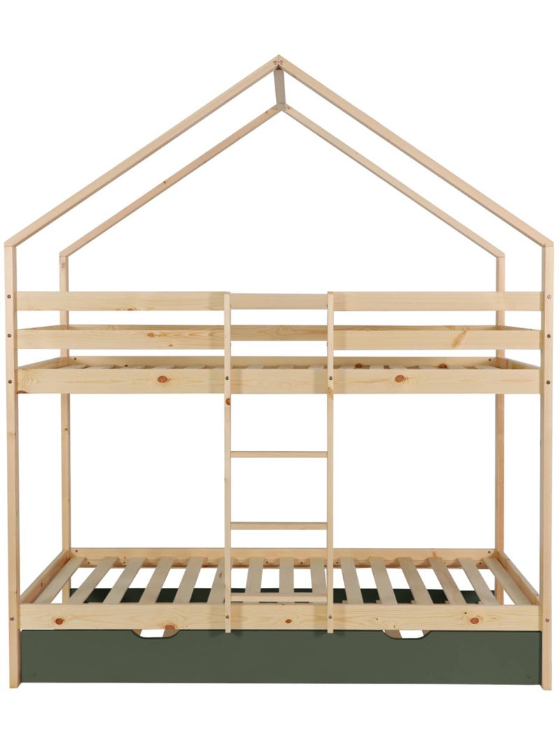 Lit enfant superposé cabane 90 x 190 cm pin naturel avec lit tiroir roya Vert - Kiabi