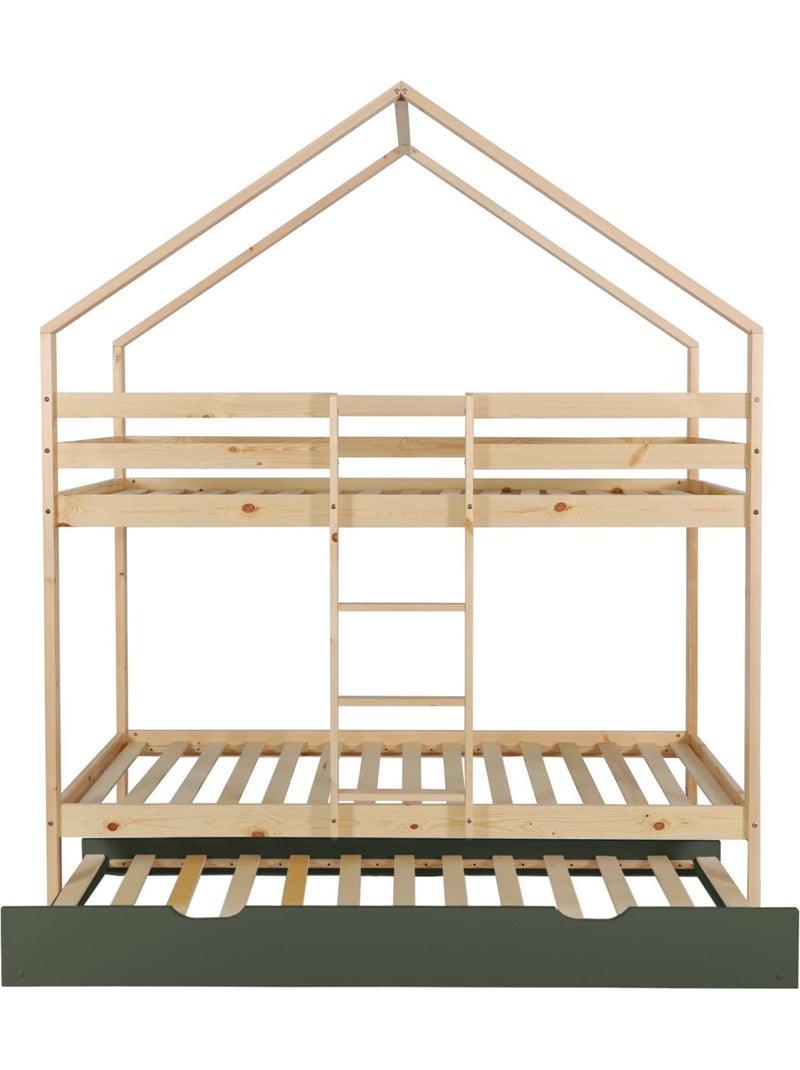 Lit enfant superposé cabane 90 x 190 cm pin naturel avec lit tiroir roya Vert - Kiabi