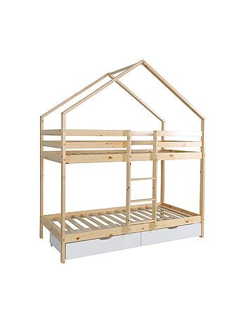 Lit enfant superposé cabane 90 x 190 cm pin naturel avec tiroirs de rangement Roya