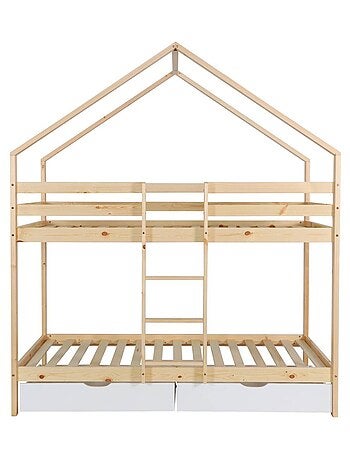 Lit enfant superposé cabane 90 x 190 cm pin naturel avec tiroirs de rangement Roya