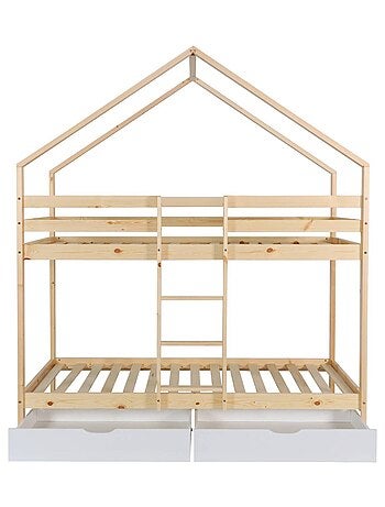 Lit enfant superposé cabane 90 x 190 cm pin naturel avec tiroirs de rangement Roya