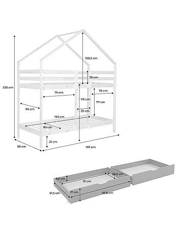 Lit enfant superposé cabane 90 x 190 cm pin naturel avec tiroirs de rangement Roya