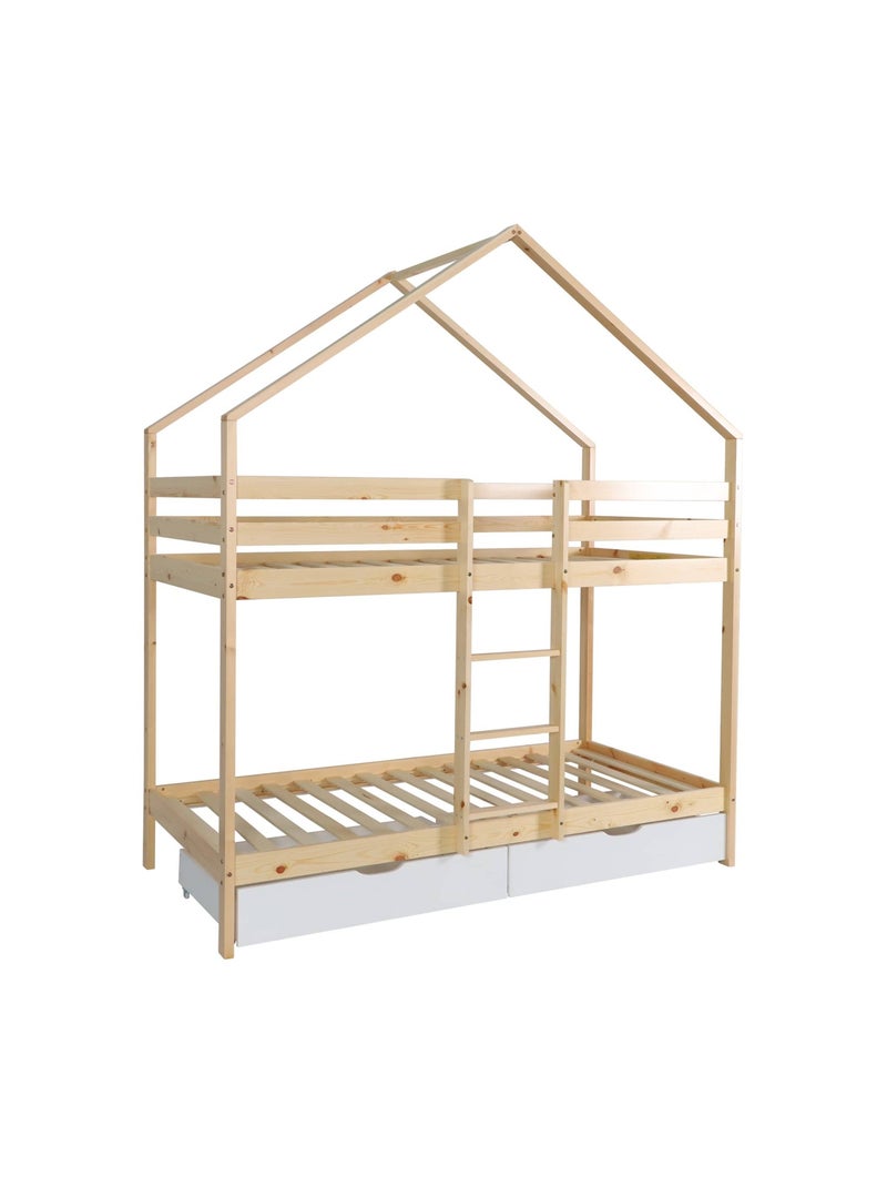 Lit enfant superposé cabane 90 x 190 cm pin naturel avec tiroirs de rangement roya Blanc - Kiabi
