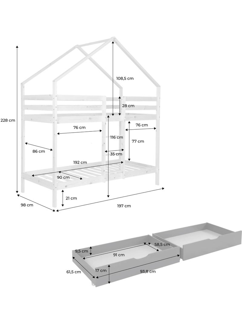 Lit enfant superposé cabane 90 x 190 cm pin naturel avec tiroirs de rangement roya Blanc - Kiabi