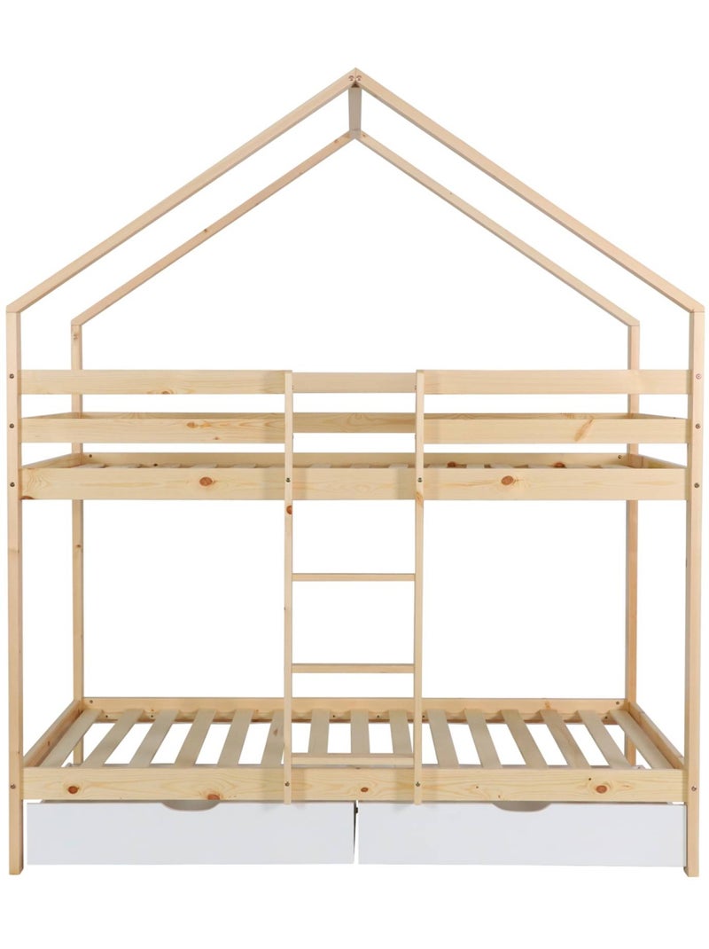 Lit enfant superposé cabane 90 x 190 cm pin naturel avec tiroirs de rangement roya Blanc - Kiabi