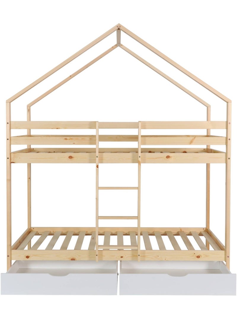 Lit enfant superposé cabane 90 x 190 cm pin naturel avec tiroirs de rangement roya Blanc - Kiabi