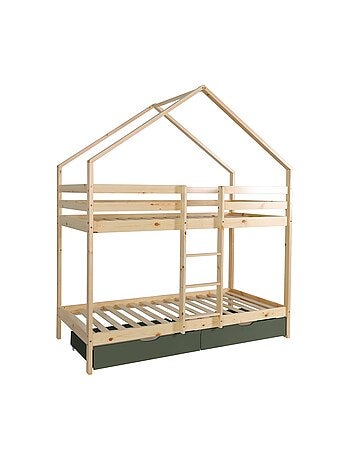 Lit enfant superposé cabane 90 x 190 cm pin naturel avec tiroirs de rangement Roya