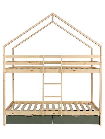 Lit enfant superposé cabane 90 x 190 cm pin naturel avec tiroirs de rangement Roya