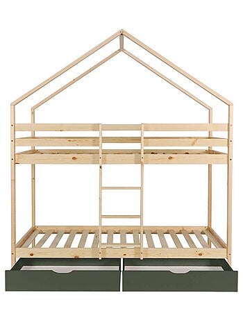 Lit enfant superposé cabane 90 x 190 cm pin naturel avec tiroirs de rangement Roya