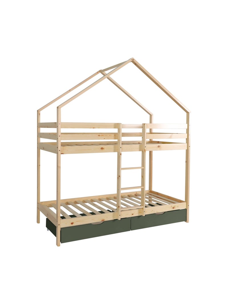 Lit enfant superposé cabane 90 x 190 cm pin naturel avec tiroirs de rangement roya Vert - Kiabi