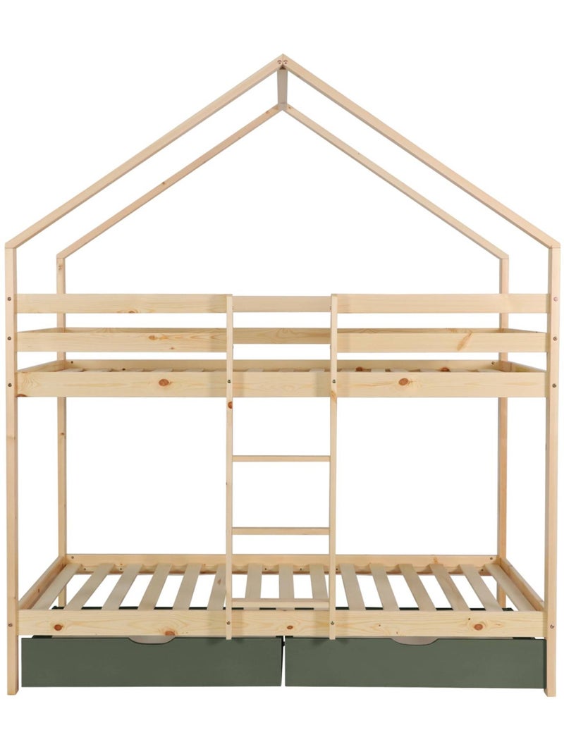 Lit enfant superposé cabane 90 x 190 cm pin naturel avec tiroirs de rangement roya Vert - Kiabi
