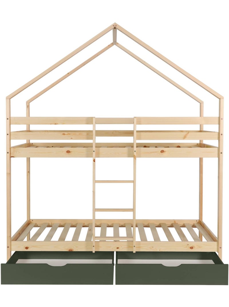 Lit enfant superposé cabane 90 x 190 cm pin naturel avec tiroirs de rangement roya Vert - Kiabi