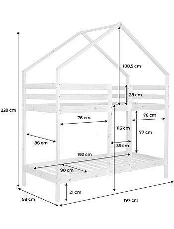Lit enfant superposé cabane 90 x 190 cm pin naturel roya