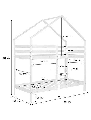 Lit enfant superposé cabane 90 x 190 cm pin naturel Roya
