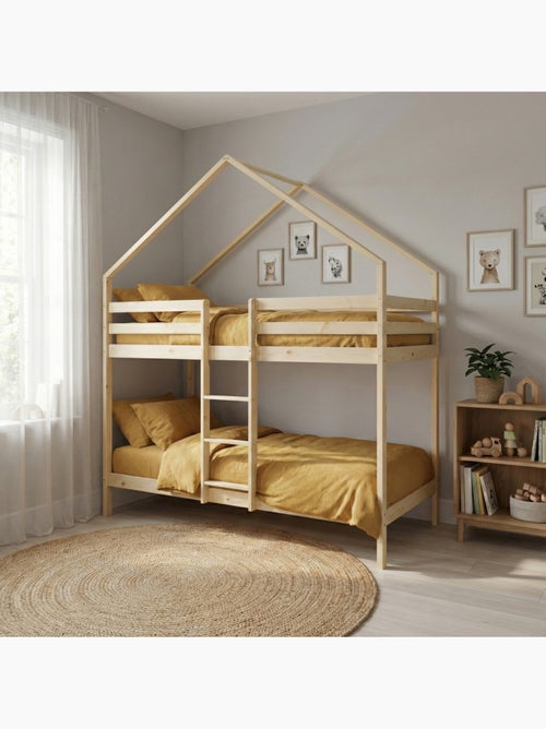 Lit enfant superposé cabane 90 x 190 cm pin naturel Roya - Kiabi