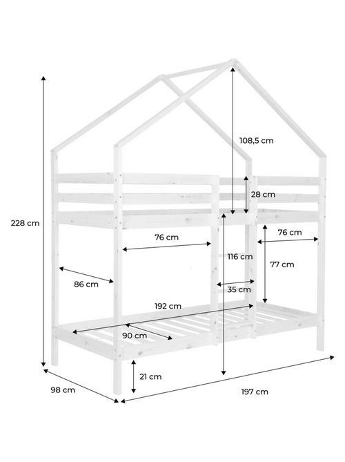 Lit enfant superposé cabane 90 x 190 cm pin naturel Roya - Kiabi