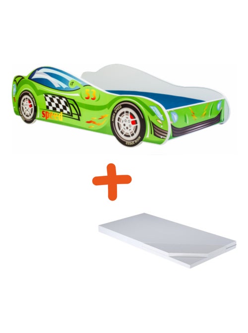 Lit et Matelas Voiture de course Verte - 140 x 70 cm - Kiabi