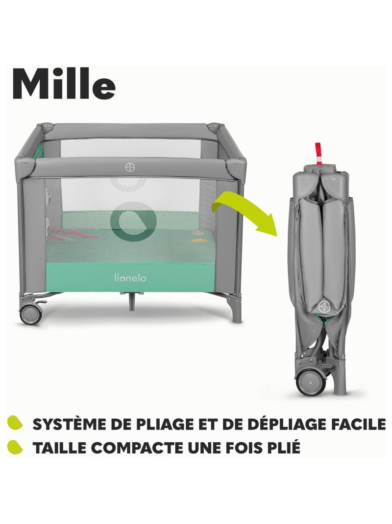 Lit et Parc bébé pliable LIONELO Mille - Roues - Entrée latérale - Matelas Gris Vert - Kiabi