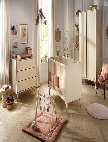 Lit évolutif - Little Big Bed sur pieds en bois avec têtes panneaux imitation bois - SAUTHON