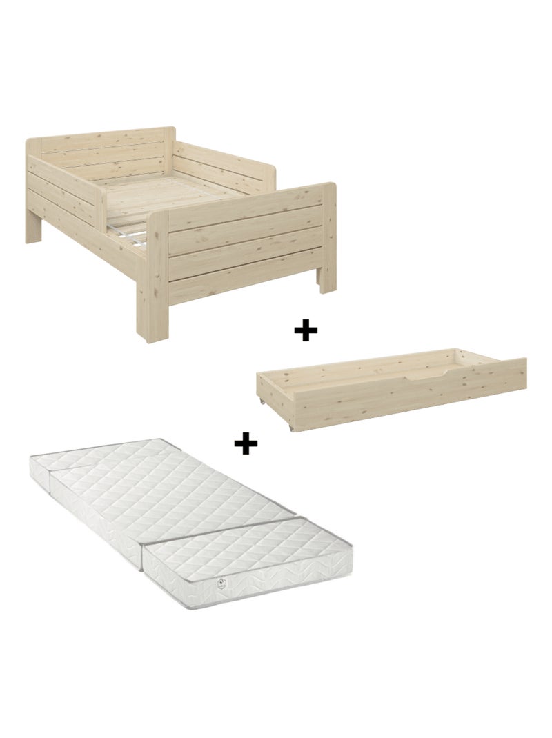 Lit évolutif avec tiroir et matelas pin massif naturel  EDOUARD Bois naturel - Kiabi