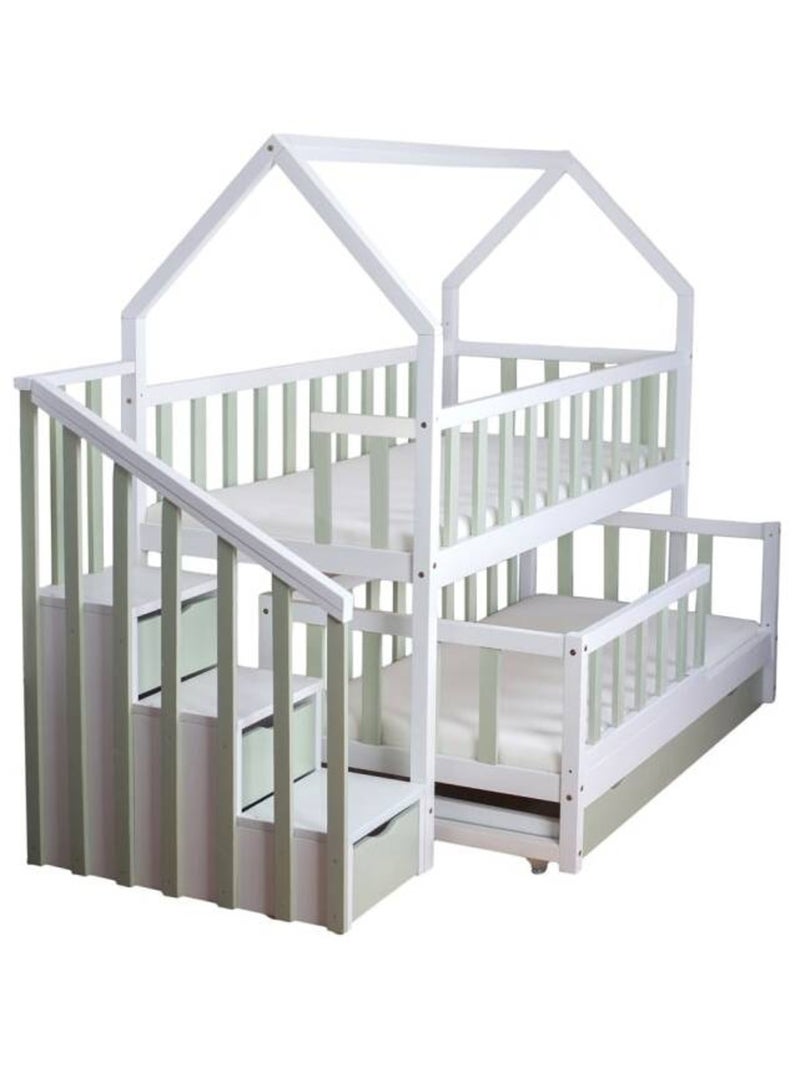 Lit Gigogne cabane 2 enfants 80x180cm Vert olive - Kiabi