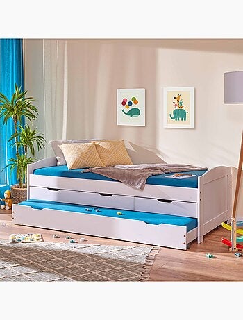 Lit gigogne en pin massif, 3 tiroirs