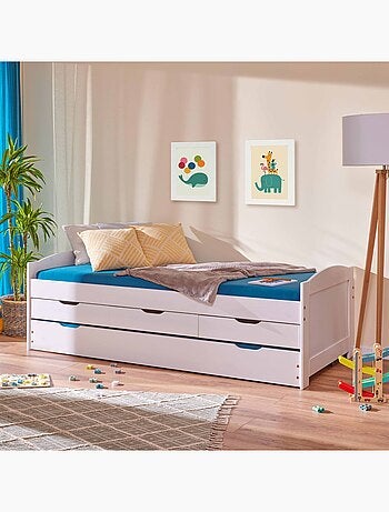 Lit gigogne en pin massif, 3 tiroirs