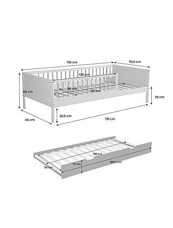 Lit gigogne enfant 90 x 190 cm pin naturel avec sommier à lattes et tiroir Elio