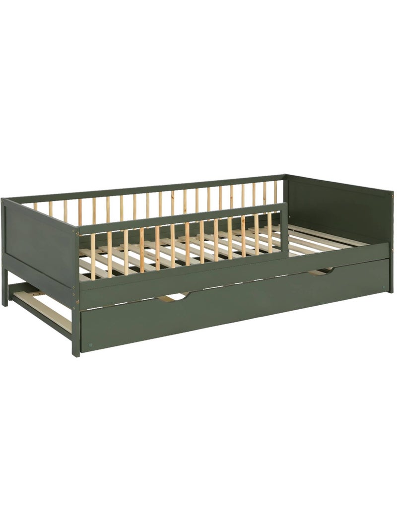 Lit gigogne enfant 90 x 190 cm pin naturel  avec sommier à lattes et tiroir elio Vert - Kiabi