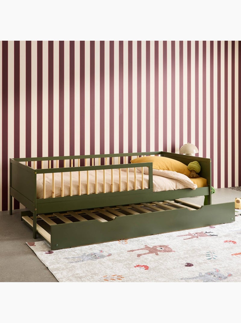Lit gigogne enfant 90 x 190 cm pin naturel  avec sommier à lattes et tiroir elio Vert - Kiabi