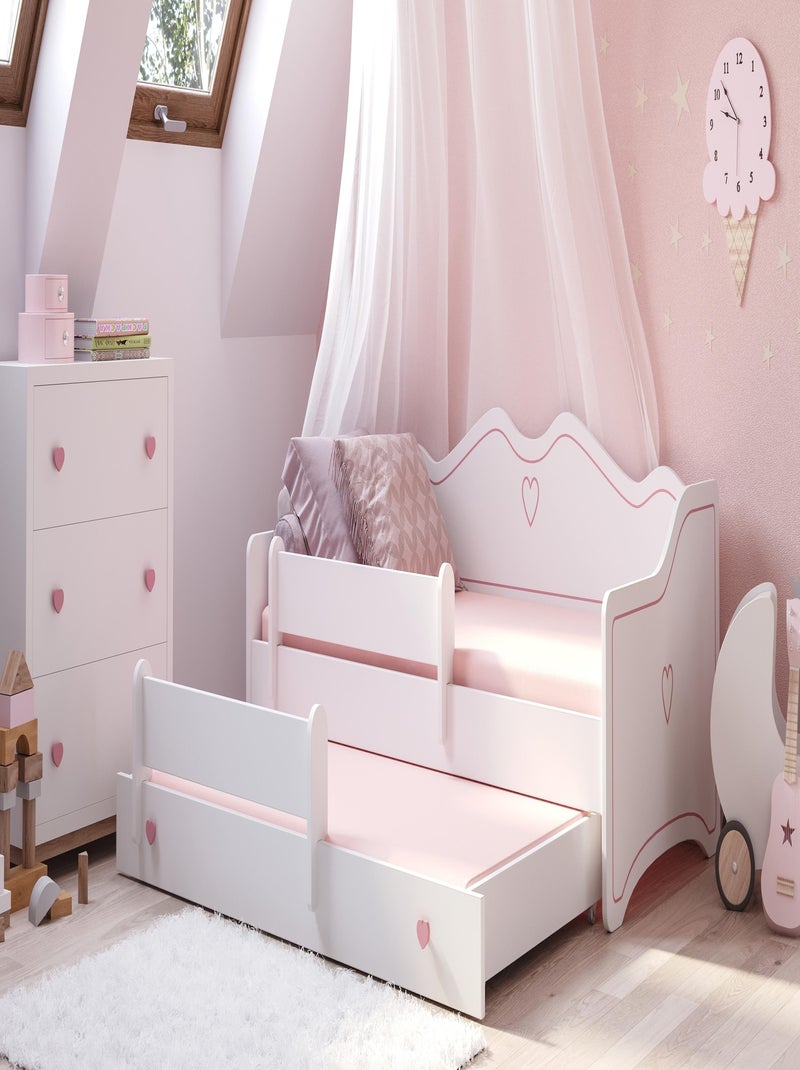 Lit gigogne enfant EMY 2*160x80cm avec matelas Blanc Rose - Kiabi