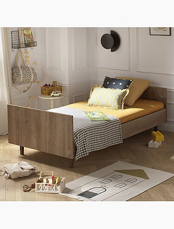 Lit junior 190x90cm avec sommier et matelas - décor bois chêne mokka - SAUTHON