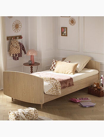 Lit junior 190x90cm avec sommier et matelas inclus - décor bois chêne vintage - SAUTHON