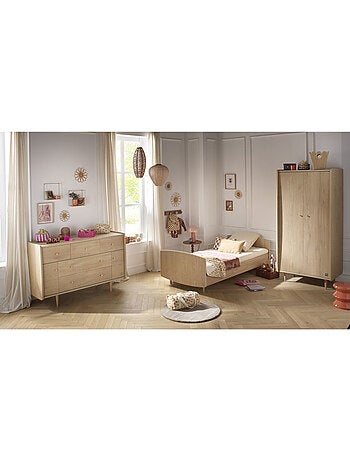 Lit junior 190x90cm avec sommier et matelas inclus - décor bois chêne vintage - SAUTHON