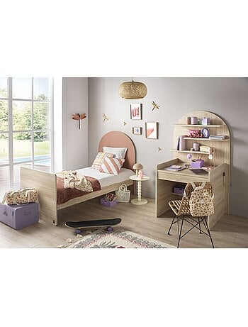 Lit junior 90x190 avec sommier et matelas - décor bois - tête de lit forme arche - SAUTHON
