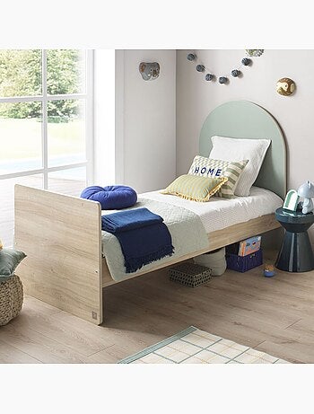 Lit junior 90x190 avec sommier et matelas - décor bois - tête de lit forme arche - SAUTHON