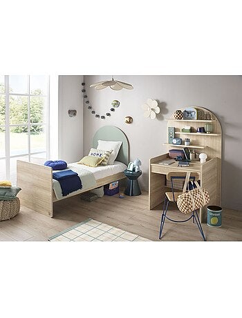 Lit junior 90x190 avec sommier et matelas - décor bois - tête de lit forme arche - SAUTHON
