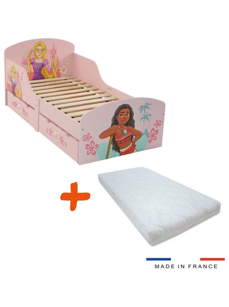 Lit + matelas - Lit enfant Raiponce et Vaiana 2 tiroirs de rangement - matelas 70*140cm Rouge - Kiabi