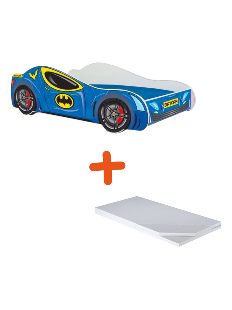 Lit + Matelas - Voiture de course Batcar Bleue 140 x 70 cm Bleu - Kiabi