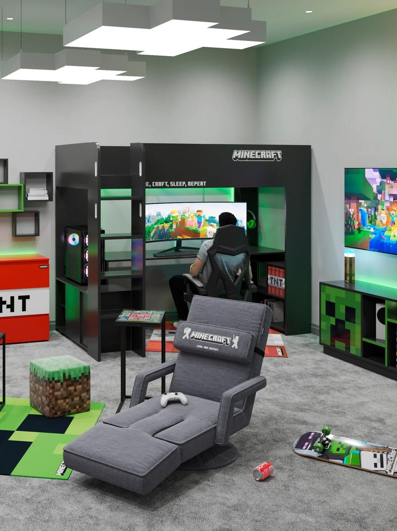 Lit mezzanine 90 x 200 avec bureau et éclairage LED 'Roba' - Minecraft Noir - Kiabi