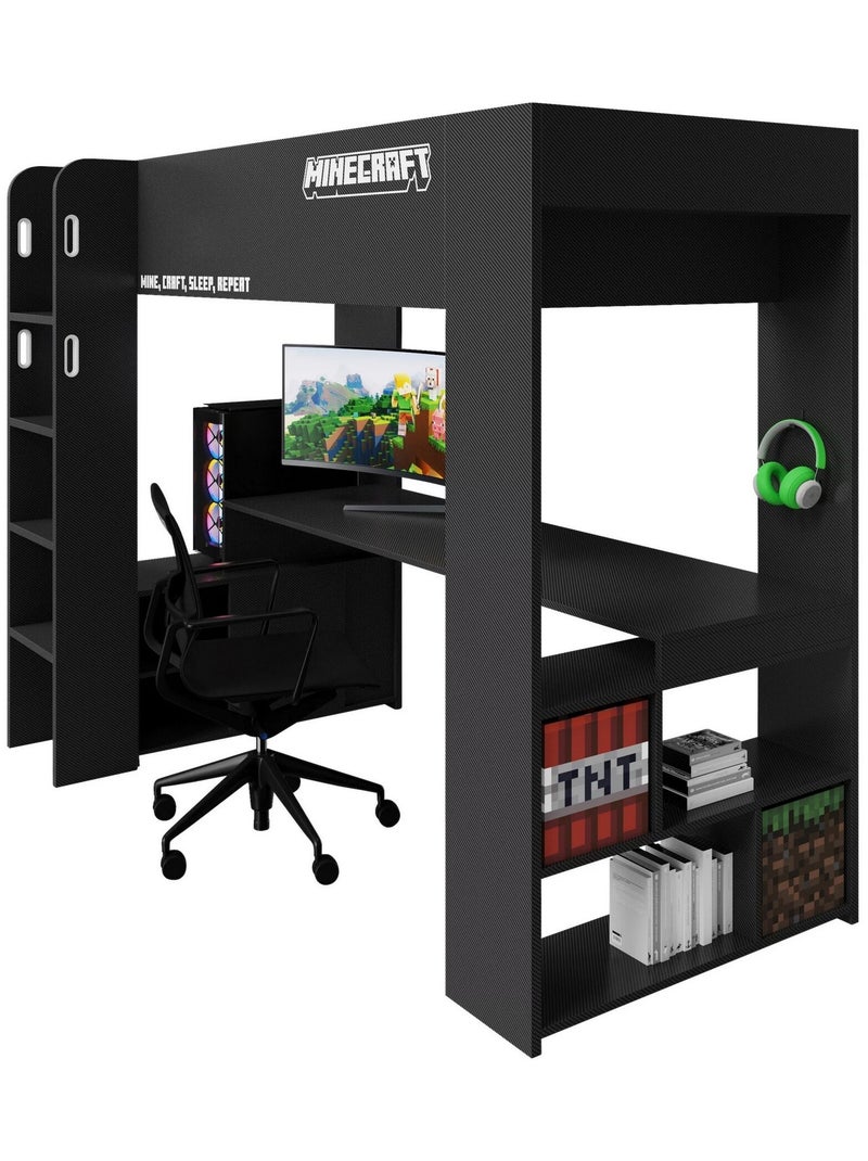 Lit mezzanine 90 x 200 avec bureau et éclairage LED 'Roba' - Minecraft Noir - Kiabi