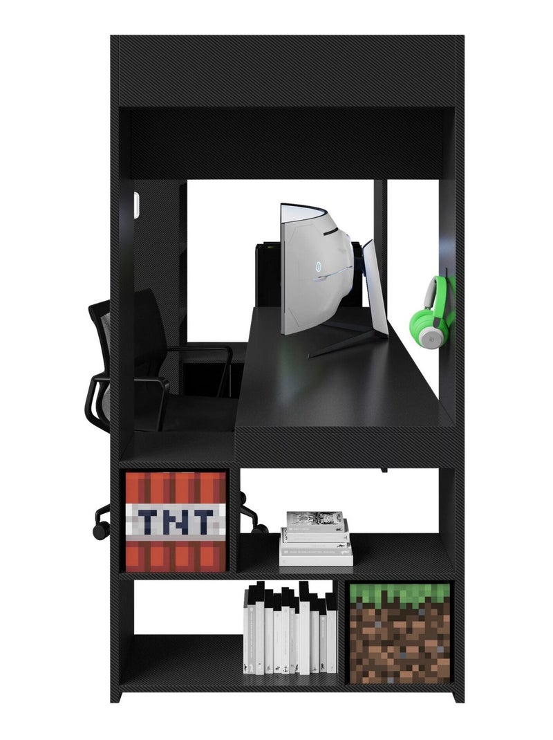 Lit mezzanine 90 x 200 avec bureau et éclairage LED 'Roba' - Minecraft Noir - Kiabi